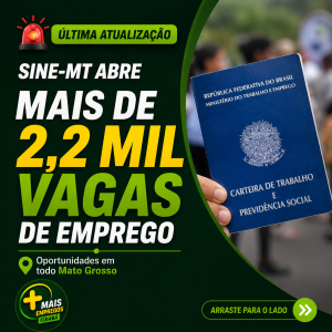 Sine-MT disponibiliza mais de 2,2 mil vagas de emprego em Mato Grosso; Cuiabá e Várzea Grande concentram 181 oportunidades